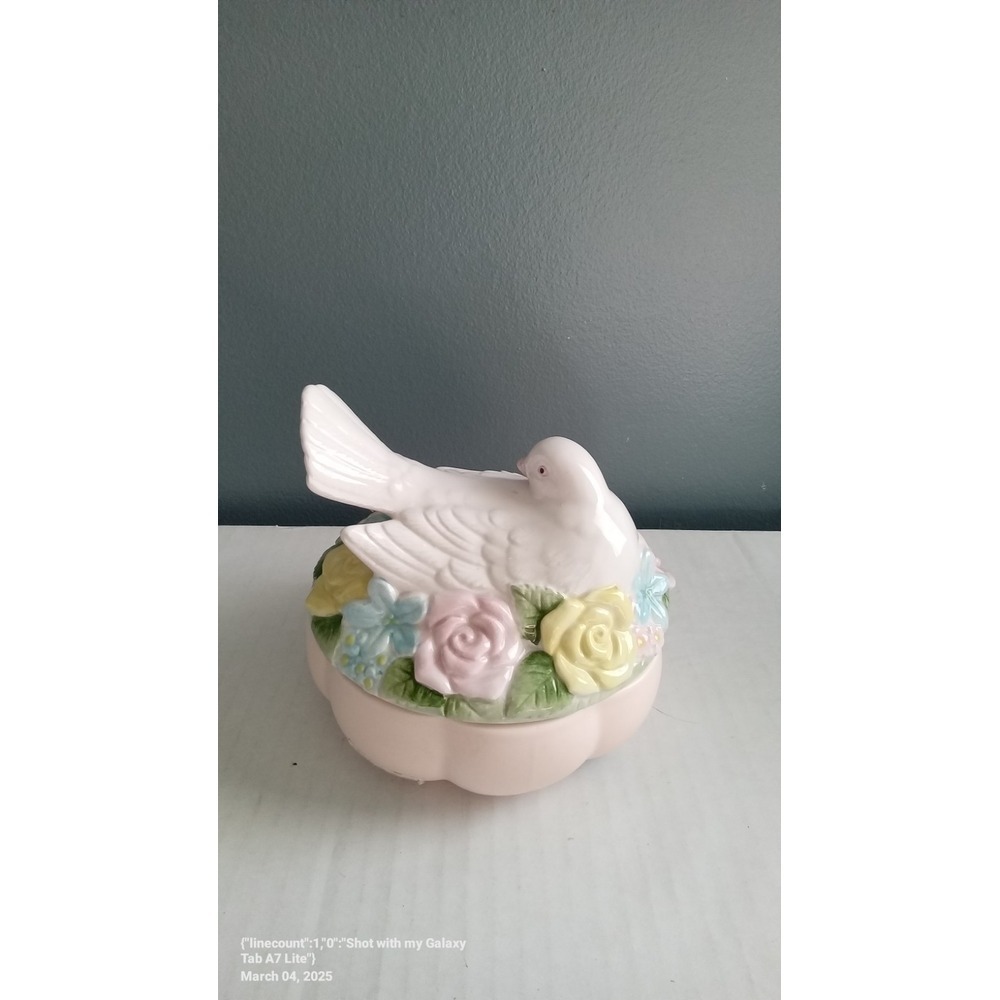Dove Trinket Box Ceramic Floral Ring Holder Jewelry Dish Cottagecore Decor